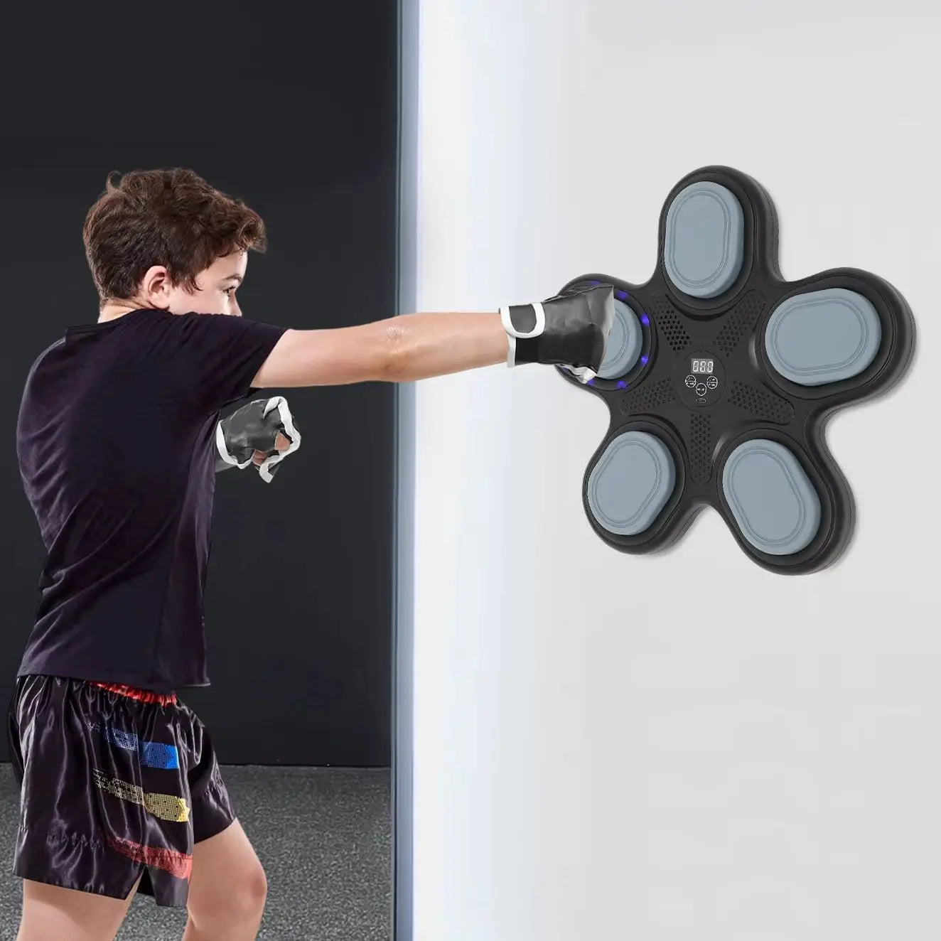 Cible de boxe musicale intelligente murale avec écran LED, 9 modes, vitesse réglable, machine de boxe musicale Bluetooth avec gants, équipement d'entraînement de fitness à domicile pour la réduction du stress